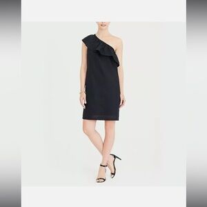 J Crew NWT SIze M Classic Black linen One-Shoulder Ruffled dress